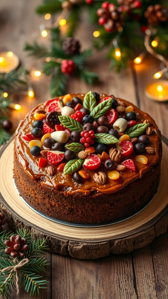 A festive Christmas fruit cake decorated with dried fruits and nuts on a wooden table with holiday decorations.